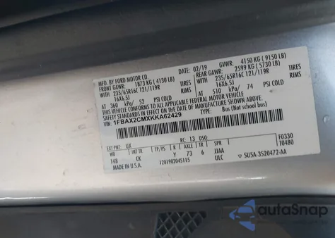 2019 Ford Transit-350 Xlt z USA, uszkodzony, nr VIN 1FBAX2CMXKKA62429